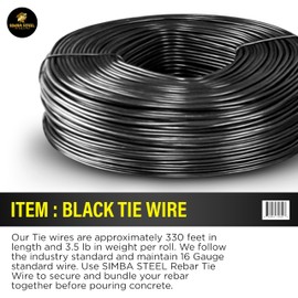 SIMBA STEEL - Rebar Tie Wire | 16 Gauge | Black Soft Annealed | 3.5lb Roll | 330-340 ft Length | Excellent Strength | Flexible | Durable | Black Annealed Rebar Tie Wire 1 roll
