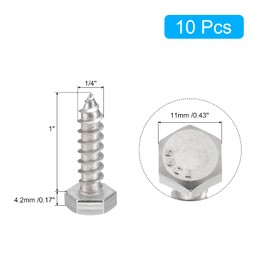 sourcing map Hex Head Lag Screws Bolts, 10pcs 1/4" x 1" 304 Stainless Steel Partial Thread Wood Screws