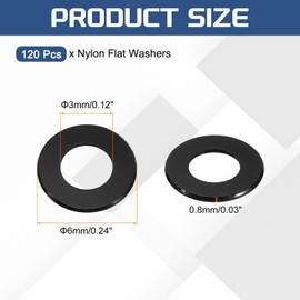 sourcing map 120Pcs M3 Nylon Flat Washers Plain Washer 3mm ID 6mm OD 0.8mm Thick Plastic Spacers for Screws Bolts Garden Faucet Plumbing Repair, Black