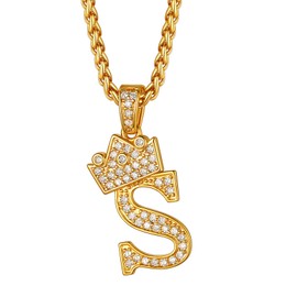 Richsteel Hip Hop Crown Pendant for Men's and Women's Initial S Letter Necklace Monogram Jewelry King Kingdom Alphabet Charm with Chain 22 inch