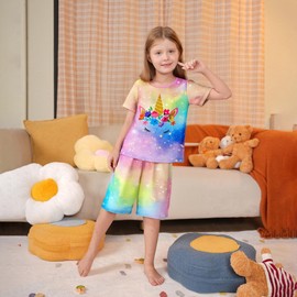 LQSZ Girls Pajamas Set with Pocket Toddler Kids Short Sleeve Rainbow Unicorn Sleepwear Pjs Set 6T 7T