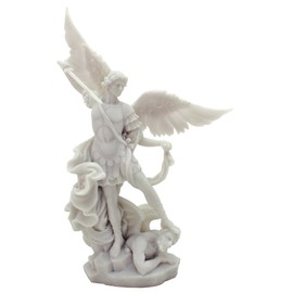Top Collection White Archangel St Michael Statue - Michael Archangel of Heaven Defeating Lucifer in Premium White Marble Finish - 9-Inch Collectible Angel Figurine