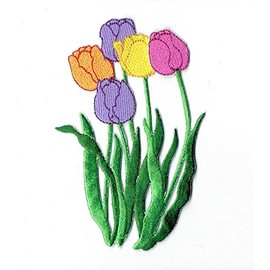 Five Tulips Purple, Orange, Yellow, Pink Embroidered Iron on Patch