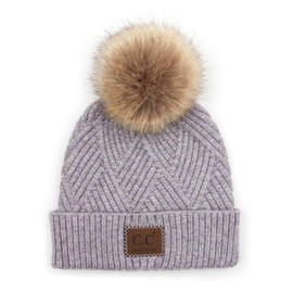 C.C Diagonal Criss Cross Pattern Suede Patch Snuggly Soft Pom Cuff Beanie, Periwinkle Mix