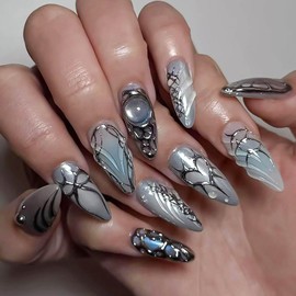 RUOKEXIN Almond Press on Nails Medium Fake Nails Sparkly False Nails with 3D Designs Blue Ombre Glue on Nails Press ons Acrylic Artificial Nails Cute Stick on Nails for Women 24Pcs