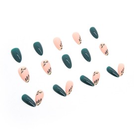 JUSTOTRY Pack of 24 Almond Nails for Sticking, Short, Dark Green, Press On Nails with Leaf Motif, Glossy Oval Artificial Nails, Medium, French Fingernails, Fake Nails for Women