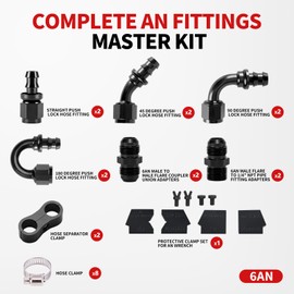 BRIFITOR 6AN Push Lock Barb Hose End Fitting Kit 0/45/90/180 Degree with 37° Flare Anti-Leak Aluminum Adapters, Hose Separator Clamps & AN Wrench Protectors, All-in-One Kit for Rubber Fuel Line