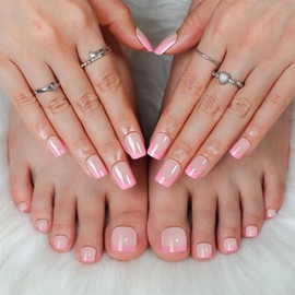 48Pcs Pink French Tips Press on Toenails Nude Pink Press on Nails Short Square False Nails with Designs Light pink Fake Toenails Glossy Reusable Summer Fake Nails for Women Girls DIY Manicure