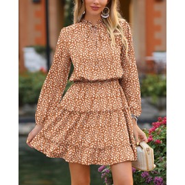 BTFBM Women Casual Summer Fall Dresses Tie V Neck Long Sleeve High Waist Ruffle Tiered A Line Swing Tunic Mini Dress(Leopard Coffee, X-Large)