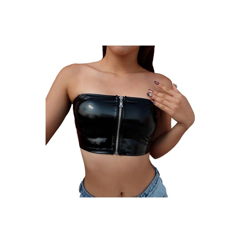 Women's Faux PVC Leather Camisole Zipper Front Sleeveless Micro Tube
