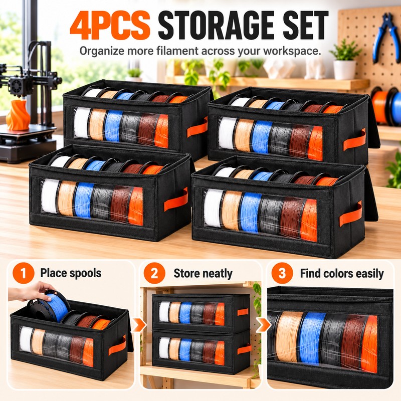4-Piece 3D Printer Filament Storage Box Set for Spool Organization