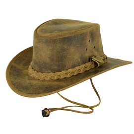 Leatherick Unisex Cowboy Hats Genuine MadHorse Leather West Aussie Style with Chin Strap (L, Crazy Beige), Crazy Beige Brown