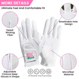 Womens Golf Glove Right Handed Golfer Left Hand Value 2 Pack, Ladies Golf Gloves Pink White Color Microfiber Wet Hot Cool Rain Grip Weathersof Fit Size S M L (White, Medium (Worn On Right Hand))
