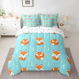 Feelyou Kids Fox Comforter Set Queen Size 7 Pcs Girls Cute Fox Comforter Bed in a Bag Wild Animal Bedding Set for Boys Toddler Cartoon Fox Bed Set with Sheets, Pillowcases, Pillow Covers
