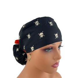 Ponytail Medical Scrub Cap – Boo! Skull & Bones Black – Turn Up Ponytail Scrub Hats, Dr. Hats, Nurses Hats. Scrub Hat for Women & Men tie Back | Working Cap with Holde
