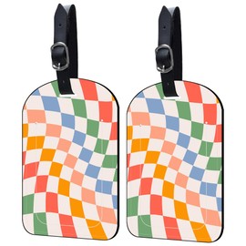Neidius 2 Pack Luggage Tags Retro Psychedelic Checkerboard PU Leather Baggage Handbag Suitcase Tags with Secure Strap Privacy Cover ID Labels,Business Travel Baggage Tag Identifier
