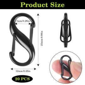 Pack of 20 S Carabiner Mini Carabiner Hooks, Small Metal Double Carabiner, Black Small Carabiner Hooks, 8 Shapes, 2 Openings, 25 mm for Outdoor Activities, Hiking, Travel, Camping, Backpack