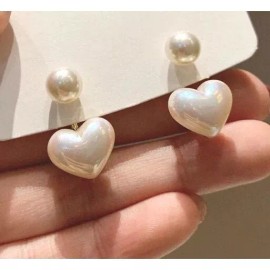 Unbranded PEARL HEART JACKET Earrings Valentine  2 Way Wear Stud Drop Pearlescent + Pouch