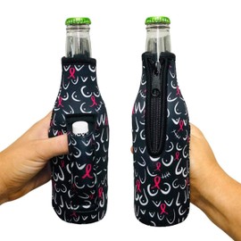 12 oz Beer Bottle Handler - Neoprene Bottle Sleeve with Pocket Handle - Insulated Beer Sleeves, Pink Ribbon