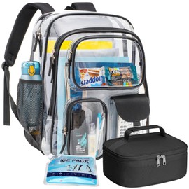 PACKISM Clear Backpack with Small Insulated Lunch Bag and Ice Pack - 18 Inch Extra Large Heavy Duty Bookbag with 3 Front Pockets, See Through PVC Transparent Backpacks for School, Black (Age 12+)