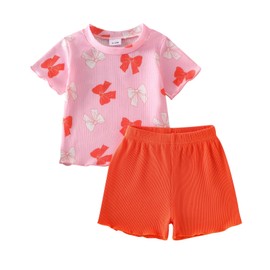 CETEPY 5t Girls Clothes Baby Summer Outfits Cute Bow Print T-Shirt + Shorts 2pcs Orange Set 4-5 Years Old