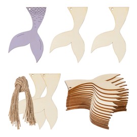 Unfinished Mermaid Tail Shaped Wood Tag Hanging Wood Cutout Blank Wood Slices Wooden Tags with Twine for Beach and Nautical Decor Christmas Holiday Wedding Birthday Party Decoration 20 Pcs
