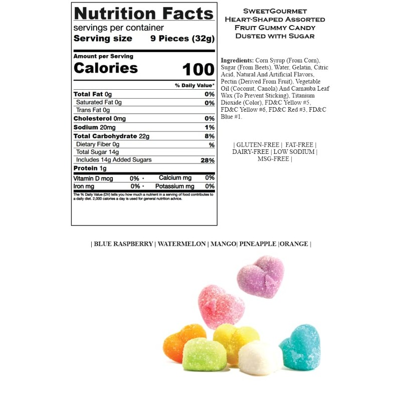 SweetGourmet Heart-Shaped Assorted Fruit Gummy Candy Dusted with Sugar, 1