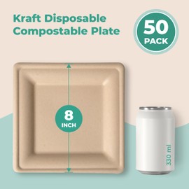 Fit Meal Prep [50 Pack] Compostable Paper Plates, 8 Inch Biodegradable Square Plates, Heavy-Duty Disposable Dessert Plates, Eco-Friendly Sugarcane Plate for Party, Appetizer, Dinner, Kraft