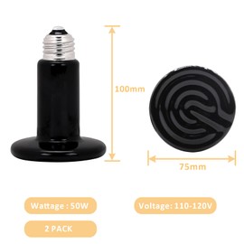 Aiicioo 50W Black Ceramic Heat Emitter 2Pack No Light Heat Bulb for Reptile Emitting Heat Lamp Bulb for Bearded Dragon Lizard Tortoise Turtle Snake Brooder Coop