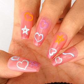 Sethexy Pink Handmade Press on Nails Long Coffin Fake Nail Gradient Glossy False Nails Salon False Nails with Design Arcylic for Women and Girls 10PCS (Y)