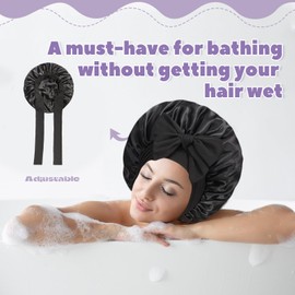 Satin Bonnet Silk Sleep Bonnets for Women Adjustable Satin Silk Bonnets Soft Elastic Band Night Hair Sleep Cap Hair Bonnet with Tie Band for Women Girls Long Straight Curly Hair Braid Black