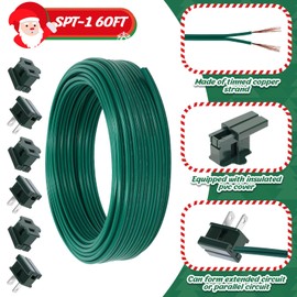 60FT SPT-1 Christmas Electrical Wire with 6pcs Vampire Plugs,18 Gauge Wire 2 Conductor Electrical Wire,18/2 Low Voltage Wire,18 AWG Wires Flexible Wires Extension Cord for Xmas Holiday Outdoor Light