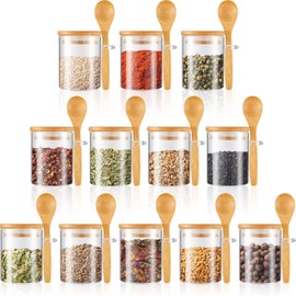 Set of 12 Spice Jars Airtight Glass Jars with Bamboo Lids and Wood Spoons 6 oz Clear Glass Canisters Spice Containers Sugar Container for Kitchen Food Storage Organization Beans Tea Nuts