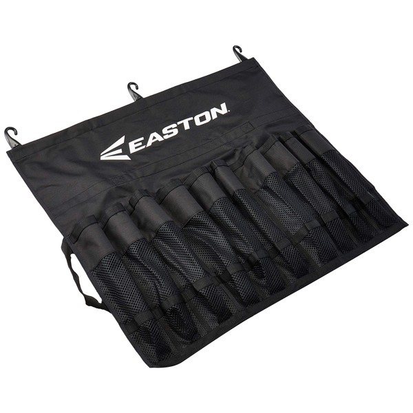 EASTON Hanging Team Bat Bag, Black, Reinforced Nylon Mesh Slots Holds Up To 10 Bats, 3 J Designed Fence Hooks for Dugout Functionality