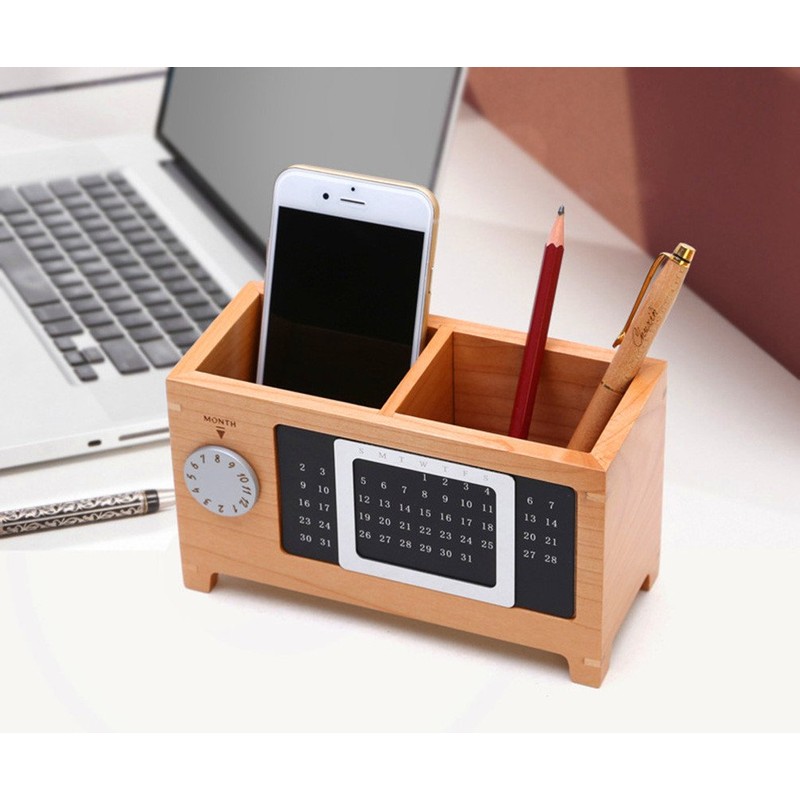 Wooden Pencils Holder Desk Organizer with Perpetual Calendar