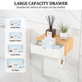 Domax Toilet Paper Holder with Shelf,Wall Mount/Adhesive Bathroom Toilet Paper Holder,Bamboo Wood Tissue Toilet Roll Holder with Storage Drawer for Organizer Wipes,Fits Any Room, Bamboo+White, Large