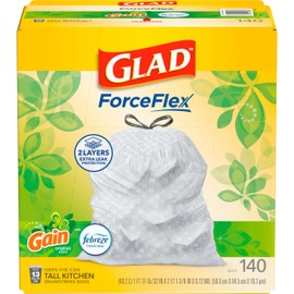 Glad ForceFlex Tall Kitchen Trash Bags, 13 Gallon, Gain Fresh Clean, 140 Count (Package May Vary)