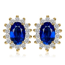 JewelryPalace Princess Diana Kate Middleton Class Gemstone Birthstone Cleated Sapphire Stud Earrings for Women, 14k Yellow Gold Plated 925 Sterling Silver Earrings for Women, Earings Set