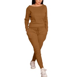VASAUGE Women's Workout 2 Piece Tracksuit Outfits Long Sleeve Tops Track Sweat Suits Jogger Pants Sets Sweatsuit, Small, Coffee