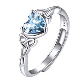 Suplight 925 Sterling Silver March Birthstone Rings Adjustable Aquamarine Celtic Knot Heart Rings for Women