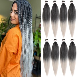 Leeven 8 Packs Pre Stretched Braiding Hair 30 Inch Yaki Texture Ombre Silver Brading Hair Extensions for Box Braids Red Crochet Hair Extensions for Braiding / 1BSILVER#