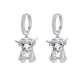 YAFEINI Highland Cow Earrings 925 Sterling Sliver Cow Dangle Earrings Highland Cow Jewelry for Women (hoop)