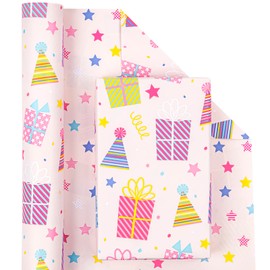 WRAPAHOLIC Jumbo Birthday Reversible Wrapping Paper - 30 Inch x 100 Feet Jumbo Roll - Gift Boxes on Pink and Stars Design for Girls Birthday, Kids Birthday, Baby Shower