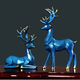 2 Pieces Christmas Reindeer Figurines Decor Nordic European Style Deer Statue Fireplace Window Desk Bedroom Shelf Ornament for Home Living Room Office Decoration (Blue,Medium)