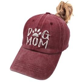 Waldeal Women's Embroidered Dog Mom Ponytail Hat Washed Distressed Messy Bun Baseball Cap, Ponytail - Burgundy, One Size