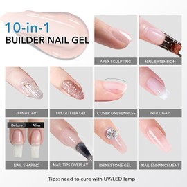 GazePlus Builder Nail Gel, 15ml 10-in-1 Clear Builder Gel for Nail Thickening Nail Strengthener Extension Gel Nail Extension Hard Gel Builder Bases Gel Long-lasting