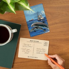 Fishing Boat with Freighter and Dolphins (4x6 Birch Wood Postcards, 2-Pack Stationary, Rustic Home Wall Decor)