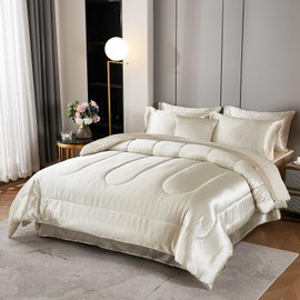 Beige Silky Comforter Set Satin Queen Bed in a Bag 8 Pieces Luxury Hotel Silky Bedding with 1 Comforter, 1 Flat Sheet, 1 Fitted Sheet, 4 Pillowcases, 1 Cushion Cover (Queen, Beige)