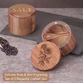 Timtopno Acacia Wood Salt Cellar, 2 PCS Salt Container with Built-in Spoon, Salt Box Bowl with Swivel Lid, Salt Box with Engraving (Rose and SALT)