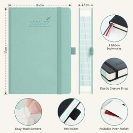 BEZEND Academic Diary 2026-2027 Page A Day (Sept'26-Dec'27) Compact 18 x 13 cm. Daily Planner with Hourly Schedule & Back Pocket. Appointment Diary for Students & Work. PU Leather Hardback, Mint Green